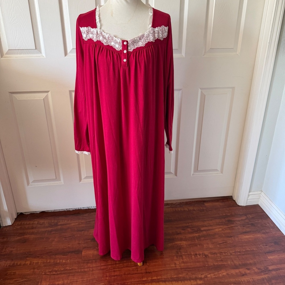 Charter Club Intimates Womens Red Lace Trim Long Sleeve Maxi Nightgown Size L